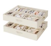 StorageWorks Organisateur de chaussures sous lit, Conteneur à chaussures ajustable avec séparateurs pour 24 paires, Boîte de rangement sous lit avec couvercle, Coton beige, Lot de 2