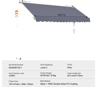 Store de terrasse rétractable, protection solaire UV80+, manivelle manuelle, 157 x 47 pouces