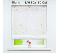 Store enrouleur bateau rideau romain courts voilage fenetre de salon avec suspension à crochet motif papillon Blanc L-H 80x130 CM