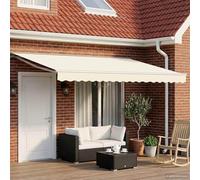 Store enrouleur électrique extensible 5 x 3,5 m crème et blanc, polyester avec revêtement PU, montage mural avec télécommande et manivelle, acier revêtu par pulvérisation