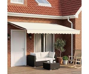 Store enrouleur électrique extensible 5 x 3,5 m crème et blanc, polyester avec revêtement PU, montage mural avec télécommande et manivelle, acier revêtu par pulvérisation
