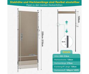 Store vertical extérieur - Rideau de protection pour balcon de 120x270 cm - Protection solaire en HDPE - Fixation par pince, sans perçage - Enroulement sans cordon - Marron café