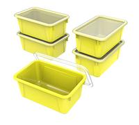 Storex Lot de 5 petits bacs à cubby - Boîtes de rangement en plastique pour salle de vec couvercle anti-claquement, 31 x 19,8 x 13 cm, jaune (62410U05C)