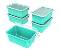 Storex Lot de 5 petits bacs à cubby - Boîtes de rangement en plastique pour salle de vec couvercle anti-claquement, 31 x 19,8 x 13 cm, bleu sarcelle (62412U05C)