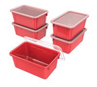 Storex Lot de 5 petits bacs à cubby - Boîtes de rangement en plastique pour salle de classe avec couvercle anti-claquement, 31 x 19,8 x 13 cm, rouge (62407U05C)