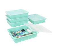 Storex Lot de 5 plateaux de rangement plats format lettre avec couvercle anti-encliquetage pour salle de ureau et maison, bleu sarcelle, (62541A05C)