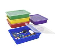 Storex Lot de 5 plateaux de rangement plats format lettre avec couvercle anti-encliquetage pour salle de ureau et maison, couleurs assorties, (62534A05C)
