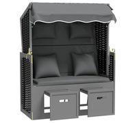 Strandkorb Polyratan Bois Massif Antracit/Noir avec Auvent Et Coussins | Cadre en bois robuste, résine tressée durable, dossier 3 positions, repose-pied extensible, entretien humide