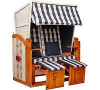 Strandschönheiten Doris : Parasol en bois massif pour la plage, pour 2 personnes, avec housse de protection, bleu et blanc, 6 pièces. Idéal pour balcon, terrasse ou jardin