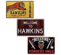 Stranger Things Ensemble de 3 plaques en étain - Décor mural officiellement licencié, Hawkins Town, Hawkins High Tigers & Hellfire Club, 280 x 175 mm chacune