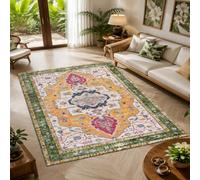 Strloepr Tapis Lavable en Machine, 60 x 90 cm, Motif Floral Vert Jaune Rouge Bleu Blanc, Tapis Paillasson Entree Interieur Salon Chambre Cuisine,