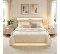 Structure de Lit - Bealife - 140x200 - Tête de Lit Rangement Caché - LED Réglable - Prise USB - Lattes Métal - Lit Double - Beige