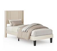 Structure de Lit Bealife Lit Capitonné en Métal- Lit 90x200 cm - Tête de Lit Capitonnée - Lattes en Bois - Rangement - Beige
