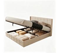 Structure de Lit - Bealife - Lit Coffre 180 x 200 cm - Sommier à Lattes en Bois - Rangement 28 cm H - Tête de Lit Rembourrée - Beige
