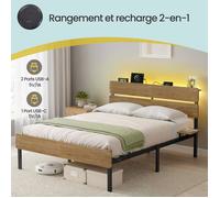 Structure De Lit de Lit Simple, 90 x 190 cm, Cadre en Métal, Éclairage LED, Port USB et TYPE-C, Marron