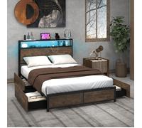 Structure de Lit Double COSTWAY pour Adulte 140x200CM - Contrôle par APP Lumineuse LED Prise de Courant Bluetooth, Tiroirs Tissu