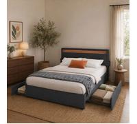 Structure de Lit Double Métal, LED, 4 Tiroirs, Multiprise, Chambre, 140 x 190 cm, Gris foncé