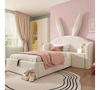 Structure de lit - Lit plateforme rembourré - Tête de lit en forme d'oreille de lapin - Velours - Coffre de lit hydraulique - 90 x 190 cm - Beige - Sans matelas
