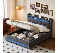 Structure de lit Nouveau Premium sense 160 * 200cm lit rembourré avec éclairage LED et prise USB, tête de lit avec étagères et