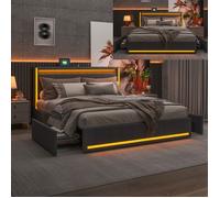 Structure de lit, SHAODENG, 140x190 cm, avec 4 tiroirs, USB, LED, tissu en lin, cadre de lit 140x190 cm, Gris foncé