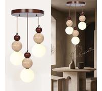 STTTBD Suspension Wabi Sabi 3 Lumières Pierre Travertin Encastrée, Style Japonais/Nordique, Lustre Sphérique Bois pour Îlot Cuisine, Salle Manger Ou Salon. A