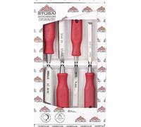 STUBAI 3540 Jeu de ciseaux à bois Set de ciseaux à bois avec manche plastique rouge & lame extra longue, 4 pièces (12,16,20,24 mm), ciseaux à bois pour le travail précis du bois outil de haute qualité