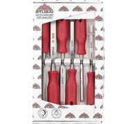 STUBAI 3540 Jeu de ciseaux à bois Set de ciseaux à bois avec manche plastique rouge & lame extra longue, 6 pièces (6,10,14,18,22,26 mm), ciseaux à bois pour le travail précis du bois outil de haute qu
