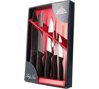 STUBAI Ensemble de 5 couteaux composé d'un couteau de chef mi-pointu 200 mm, d'un couteau à pain 180 mm, d'un couteau de cuisine mi-pointu 160 mm, d'une fourchette droite 135mm, d'un couteau à légumes