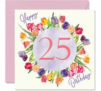 Stuff4 Belles cartes d'anniversaire pour 25e anniversaire pour femme - Bouquet de tulipes aquarelles - Carte d'anniversaire pour sa fille, tante, sœur, amie, cadeau d'anniversaire, 145 mm x 145 mm