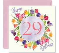 Stuff4 Belles cartes d'anniversaire pour 29e anniversaire pour femme - Bouquet de tulipes aquarelles - Carte d'anniversaire pour sa fille, tante, sœur, amie, cadeau d'anniversaire, 145 mm x 145 mm