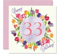 Stuff4 Belles cartes d'anniversaire pour 33e anniversaire pour femme - Bouquet de tulipes aquarelles - Carte d'anniversaire pour sa fille, tante, sœur, amie, cadeau d'anniversaire, 145 mm x 145 mm