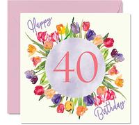 Stuff4 Belles cartes d'anniversaire pour 40e anniversaire pour femme - Bouquet de tulipes aquarelles - Carte d'anniversaire pour elle, maman, tante, sœur, amie, cadeau d'anniversaire, 145 mm x 145 mm