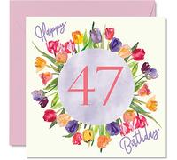 Stuff4 Belles cartes d'anniversaire pour 47e anniversaire pour femme - Bouquet de tulipes aquarelles - Carte d'anniversaire pour elle, maman, tante, sœur, amie, cadeau d'anniversaire, 145 mm x 145 mm