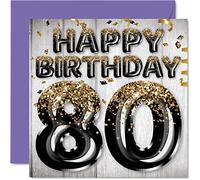 Stuff4 Carte d'anniversaire 80 ans pour homme - Ballons noirs et dorés à paillettes - Cartes d'anniversaire pour homme de 80 ans, arrière-grand-père, grand-père, grand-père, grand-père, 145 mm