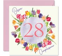 Stuff4 Carte de vœux pour 28e anniversaire pour femme - Bouquet de fleurs de tulipes aquarelle - Cartes de joyeux 28e anniversaire pour femme de 28 ans, fille, sœur, tante, 145 mm.