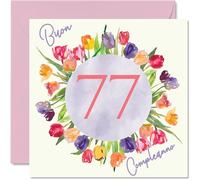 Stuff4 Carte vœux 77e anniversaire femme - Bouquet fleurs tulipes aquarelle - Cartes joyeux anniversaire femme 77 ans, arrière-145 mm, soixante-dix-sept soixante-dix-septième anniversaire