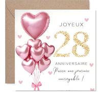 Stuff4 Douce Carte d'Anniversaire 28 Ans - Ambiance Festive et Chaleureuse - Ballons Cœurs Roses et Grand Chiffre Doré - 145 mm Carré, Enveloppe Incluse