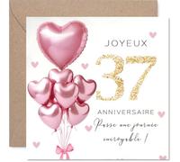 Stuff4 Étape Carte d'Anniversaire 37 Ans - Ambiance Festive et Éclatante - Ballons Cœurs Dorés et Touches Roses - Souligne le Cap des 37 Ans avec Style - 145 mm Carré, Enveloppe Incluse