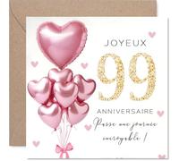 Stuff4 Étape Carte d'Anniversaire 99 Ans - Ambiance Festive et Pétillante - Ballons en Forme de Cœur et Chiffres Dorés - 145 mm Carré, Enveloppe Incluse