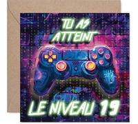 Stuff4 Ludique Carte d'Anniversaire 19 Ans - Niveau 19 Débloqué - Manette de Jeu Vidéo sur Fond Numérique Festif - 145 mm Carré, Enveloppe Incluse