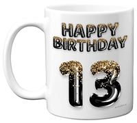 Stuff4 Tasse à café en céramique pour 13e anniversaire garçon - Ballons noirs et dorés à paillettes - Tasse d'anniversaire pour fils de 13 ans, frère, petit-fils, cousin, ami, 325 ml