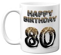 Stuff4 Tasse à café en céramique pour 80e anniversaire pour homme - Ballons noirs et dorés à paillettes - Tasse à café en céramique de 325 ml - Passe au lave-vaisselle