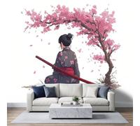 Style Anime Papier Peint Panoramique 450L x 315H cm, Oriental Traditionnel Cerisier en Fleurs Fresque Murale Papier Peint - Vieux Rose Poster Tableaux pour Salon Chambre à Coucher Salle de Jeu