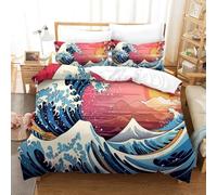 Style Japonais Housse de Couette 150x200 Parures de Lit 1 Personne Imprimé 3D Microfibre Douce Vagues Bleues Housses Couette avec 2 Taies d'oreiller et Fermeture Éclair k.4483