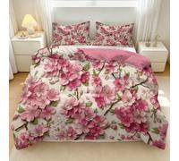 Style Japonais Housse de Couette 200 x 200 cm, Parure de Lit 2 Personnes en Douce Microfibre, Branche Cerisier 3D Feuilles Housse de Couette avec 2 Taies d'oreiller 65 x 65 cm pour Adolescent Rose