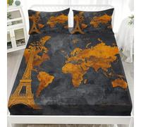 Style RéTro Carte du Monde Tour Eiffel Parure de Lit Adulte & Enfant Microfibre Extra Doux Drap Housse 140x190 cm, 30 cm Poche Profonde, Gris Confortable et Respirant Drap Housse 2 Personnes