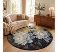 Style Rétro Chinois Tapis Rond 160cm Doux à Poil Court pour Salon, Peinture À L'Huile Pivoine Blanche Moquette Lavable & Antidérapant pour Descente de Lit, Salle à Manger, Bureau, Brun Bleuâtre