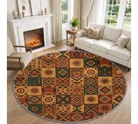 Style Traditionnel Africain Massif Tapis Salon 160 cm Rond Rug, Jaune | Collage Ethnique GéométriqueDoux Antidérapant à Poil Ras Tapis, Tapis Chambre Salle a Manger, Interieur Poil Ras Carpet
