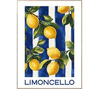 STYLER Tableau avec cadre Limoncello 50 x 70 cm - Décoration murale citrons et rayures bleu blanc - Affiche méditerranéenne rétro - Cadre en bois naturel prêt à suspendre
