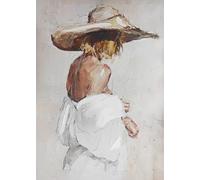 STYLER Tableau sur toile Charlotte 70 x 100 cm - portrait féminin en blanc avec chapeau de paille - peinture sur canvas rehaussée à la main - collection Sensual Serenity